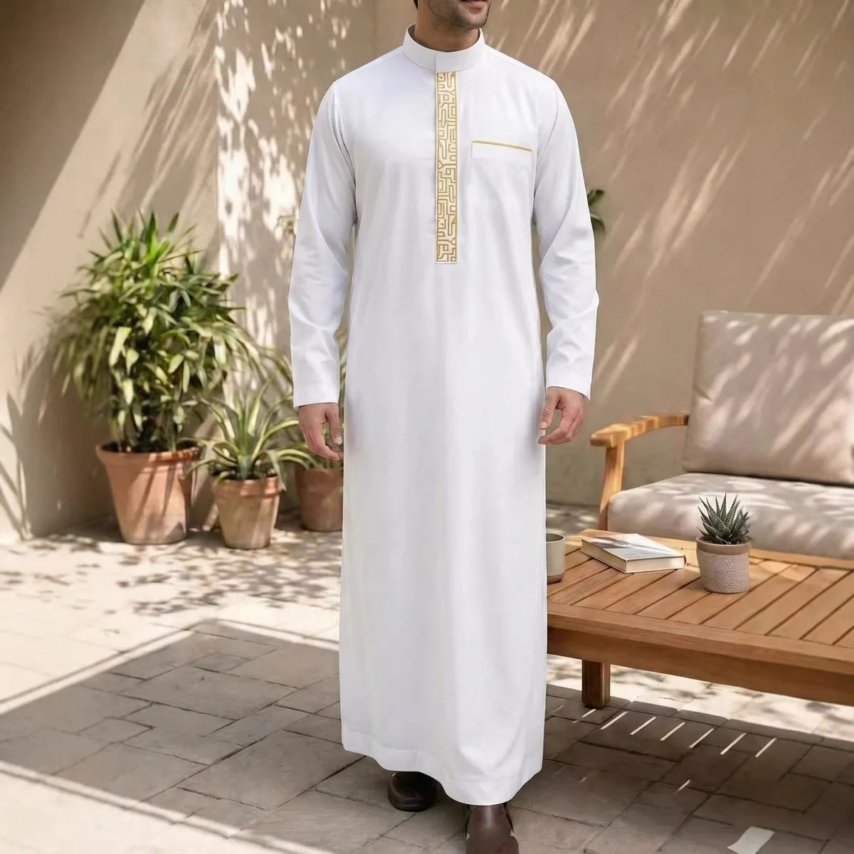 2026 New Men's Stand Collar Long Sleeve Embroidered Loose Fit Shirt Long Dress Robe Abaya Ramadan Dubai Luxury Islam Elegant