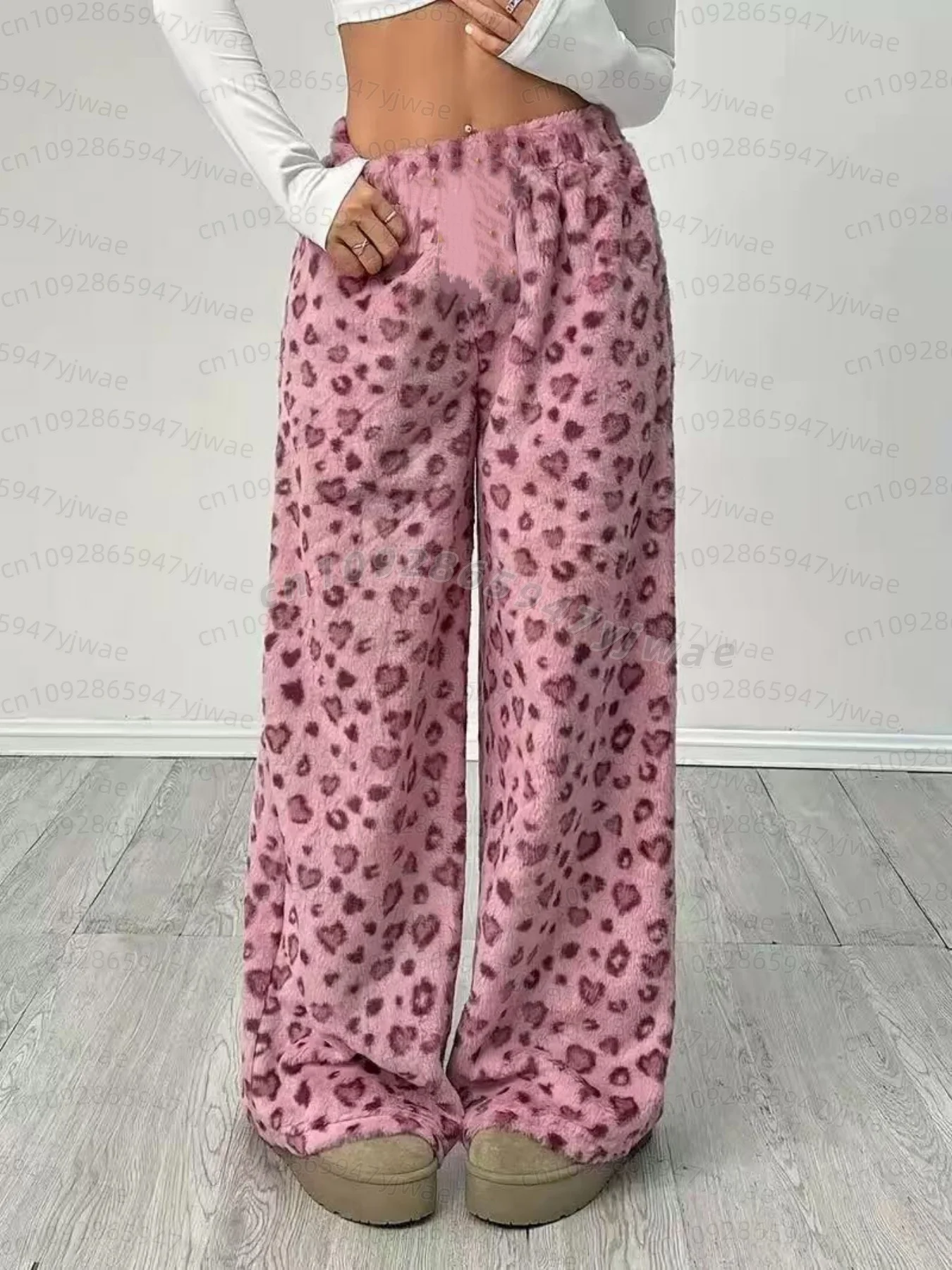 2026 Winter Women bear leopard print plush Pajama Pants Soft Trousers Cute Women Casual Home Anime Cartoon  Pajama Pants