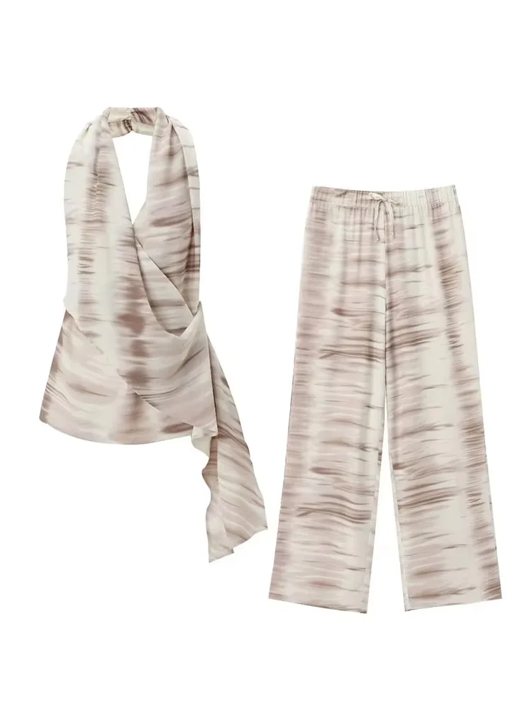 HH Women Summer Fashion Casual Backless Tie-dye Tops 2 Piece Set Vintage Lace Up Elastic Waist Wide Leg Pants Suits TRAF