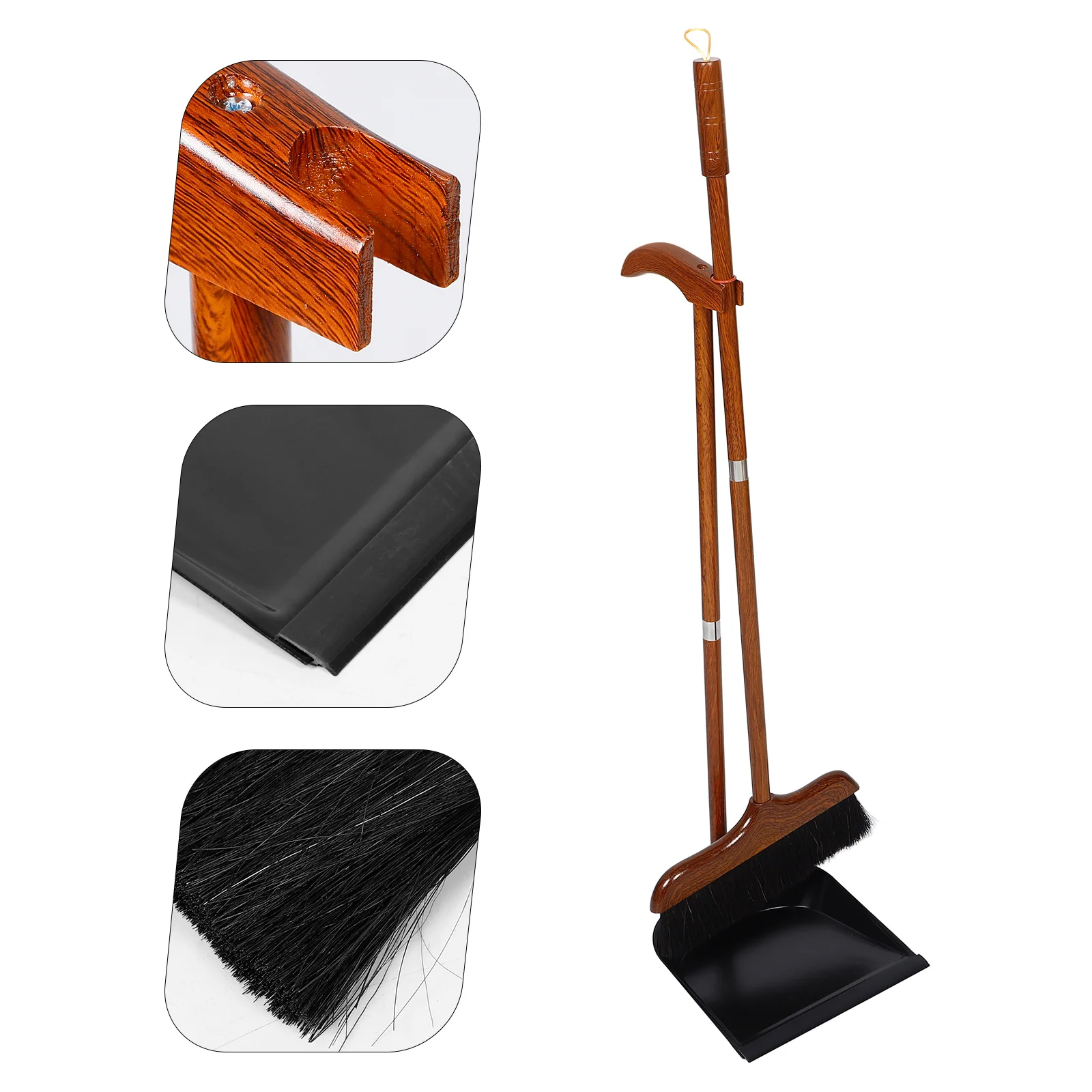 

Broom and Dustpan Set Long Handle Redwood Horsehair Indoor Outdoor Floor Cleaning Pet Hair Remover Dustpan Wide Mouth Rubber Lip