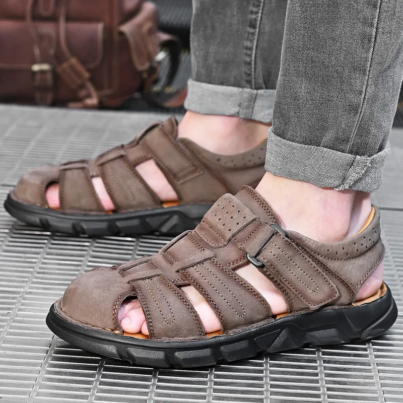 2025 Genuine Leather Men Shoes Handmade Summer New Large Size Men's Sandals Outdoor Hiking Shoes Fashion Slippers Big Size 38-48