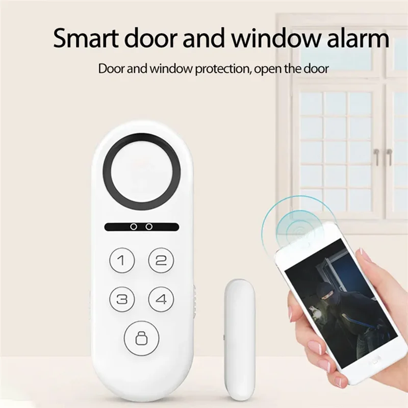 ABDE-Tuya Smart Door Window Alarm Sensor Door Magnetic Remote Sound And Light Password Disarm Tuya Smart Home