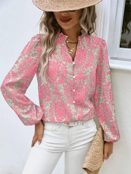 Boho Print Shirts Für Frauen 2024 Neue Mode Langarm Blusas Elegante Einreiher Weibliches Hemd Schlanke Dame Top Trägt