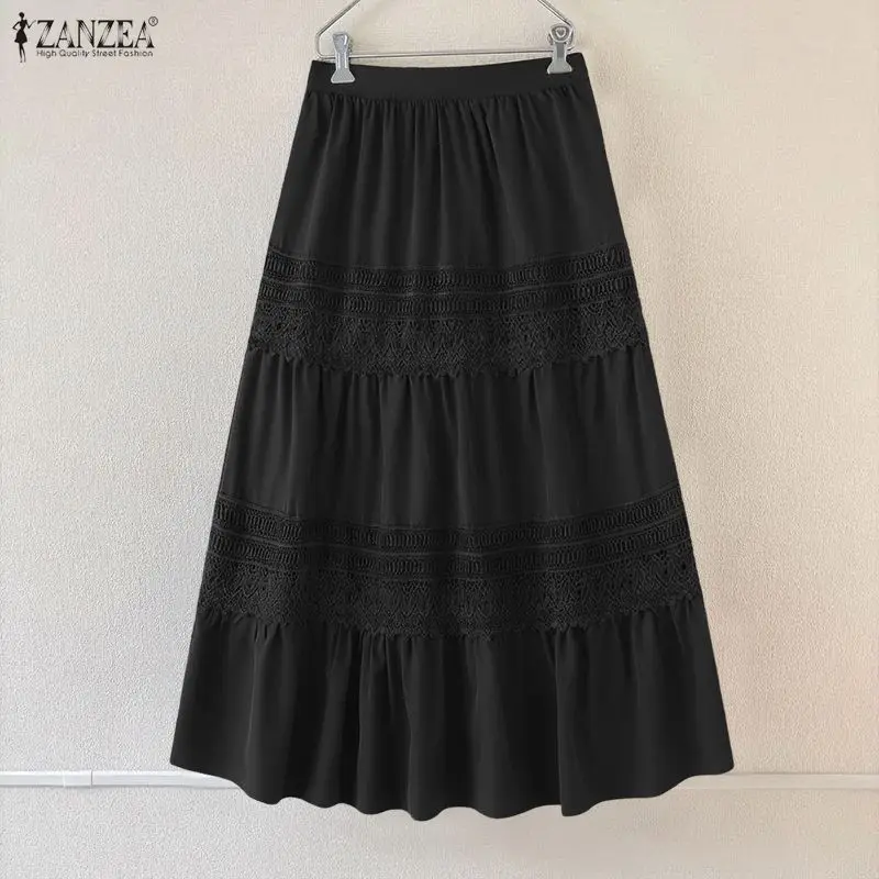 ZANZEA Women Ruffled Long Skirts High Waist Lace Oversized Maxi Bottoms Summer Patchwork Elastic Waist Casual Jupes Faldas Saia