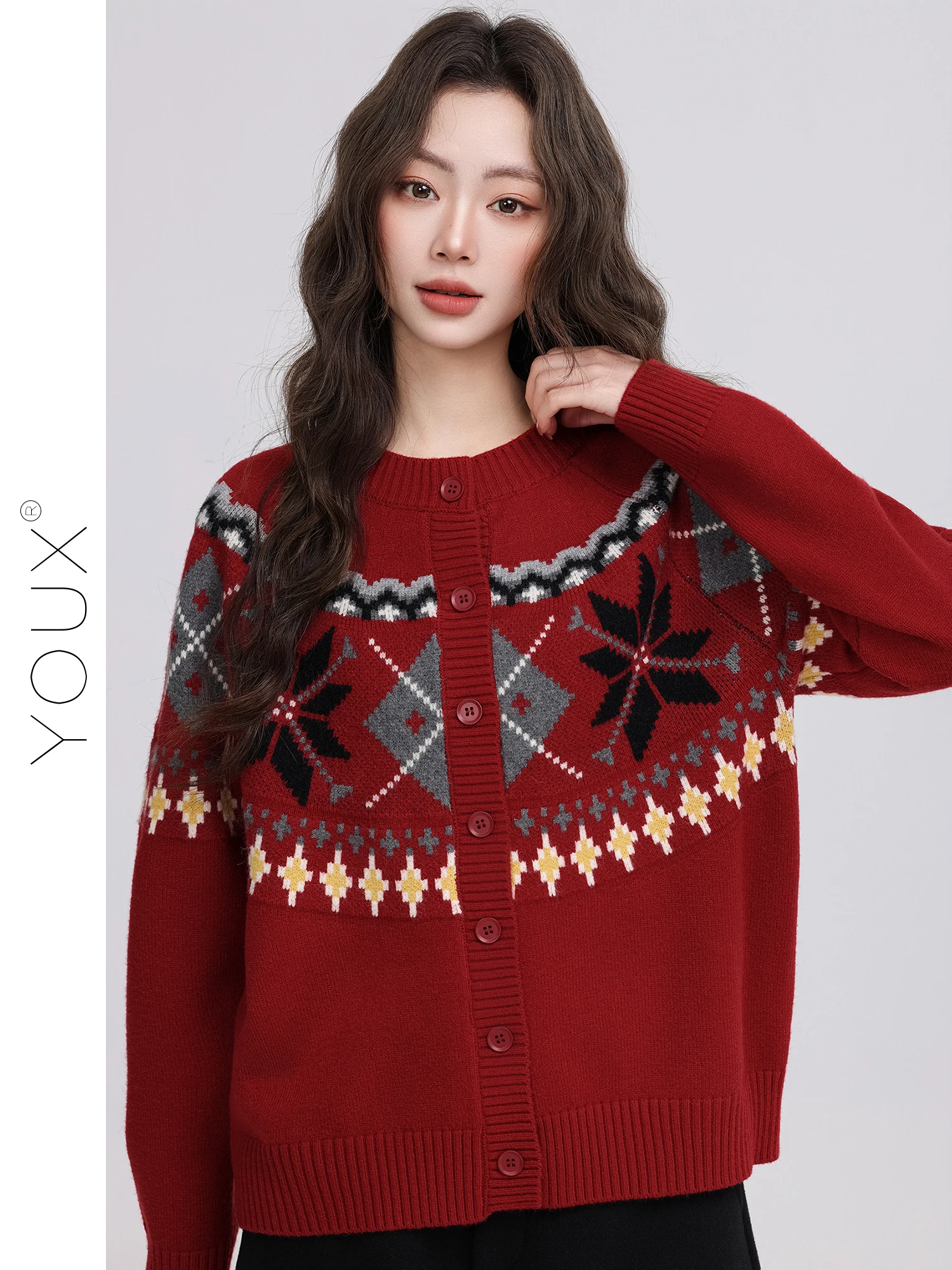 

Retro Sle Red Knitted Cardigan Women's Spring New Year Aosphere Feel Embroidery Soft Polyester Long Sve round Ne But...