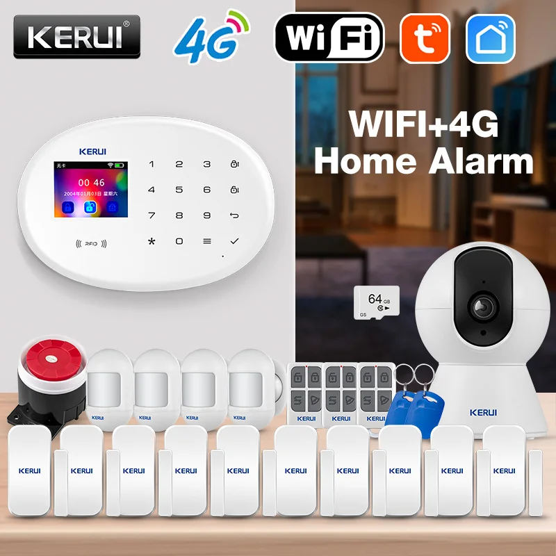 

KERUI 4G wifi Security Alarm Tuya Smart GSM Alarm System for Home Protection With Motion Detector Door Sensor Siren RFID Card