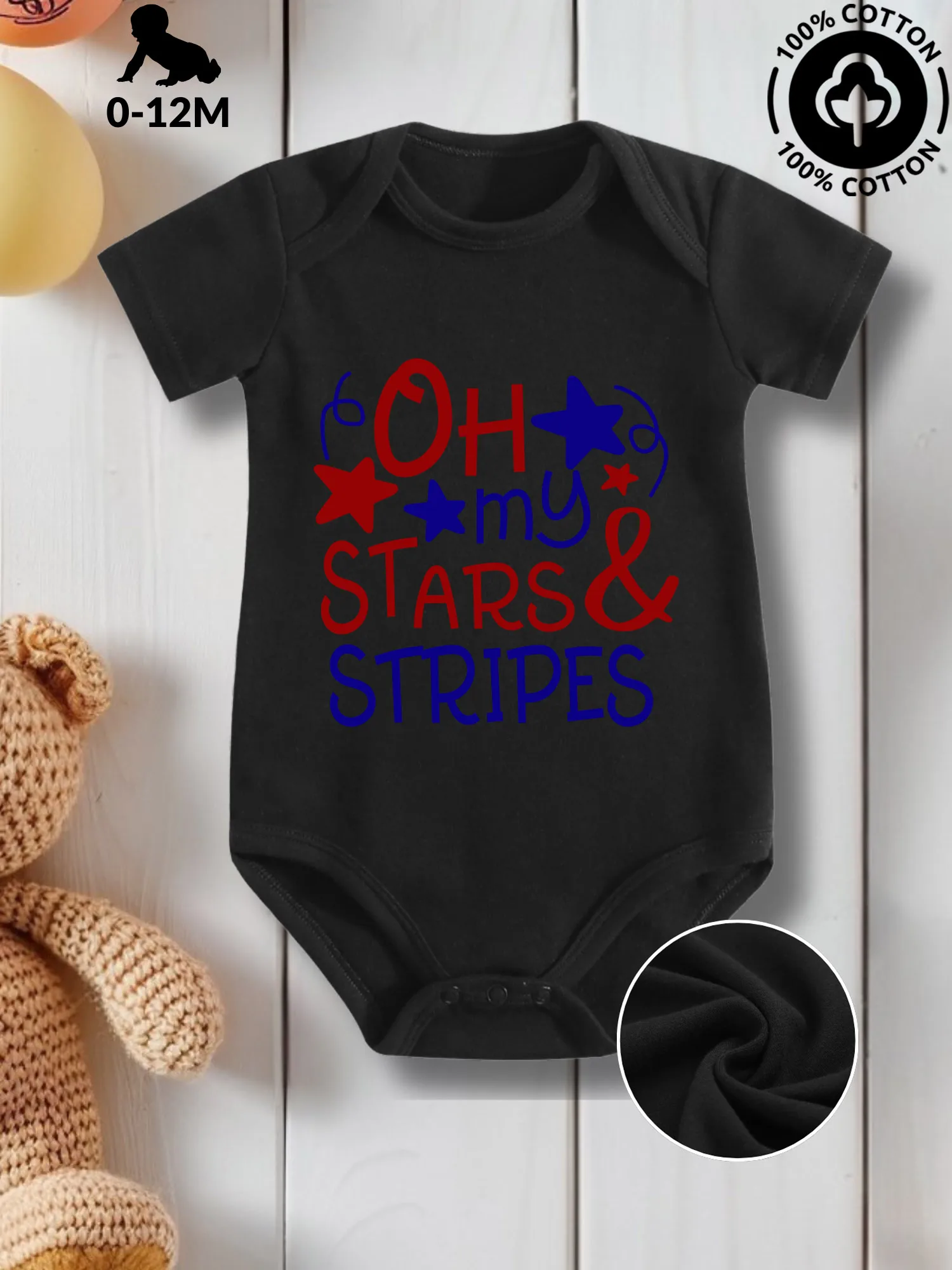 

Oh My Stars & Stripes Unisex Baby Crawling Suit, Pure Cotton Skin Care Onesie, All-Season Wear Black Bodysuit 190GSM