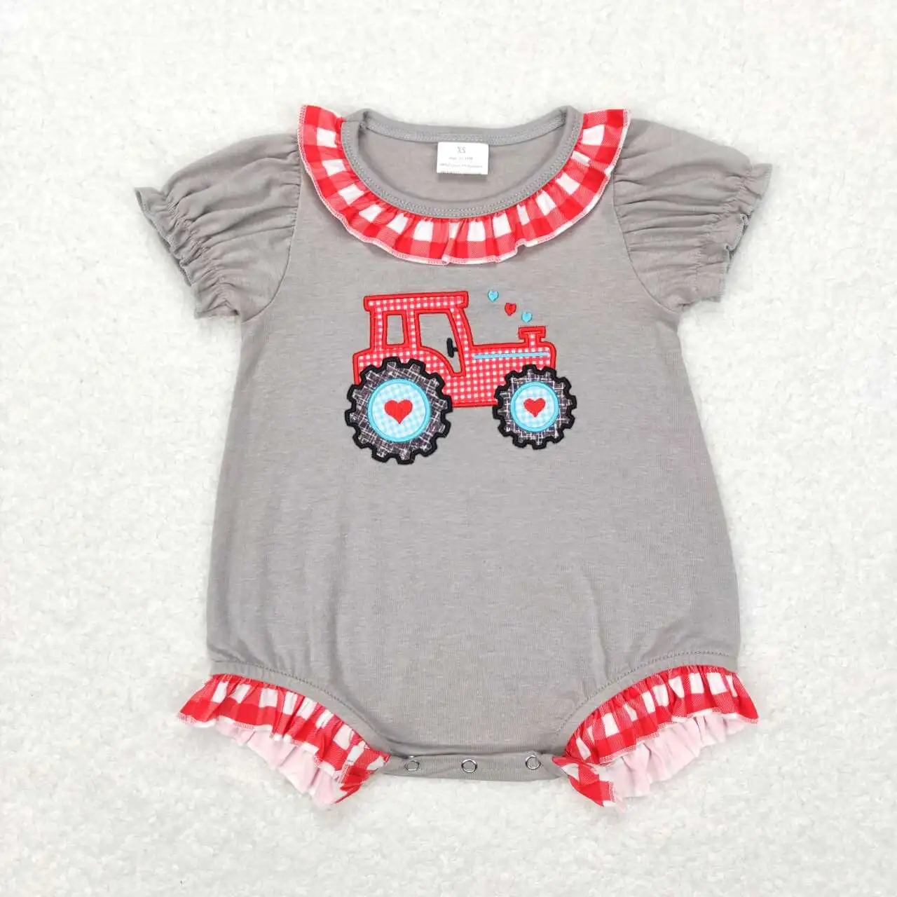 

Wholesale hot sale baby kids clothes newborn toddler Embroidered love tractor red and white checkered lace short-sleeved onesie
