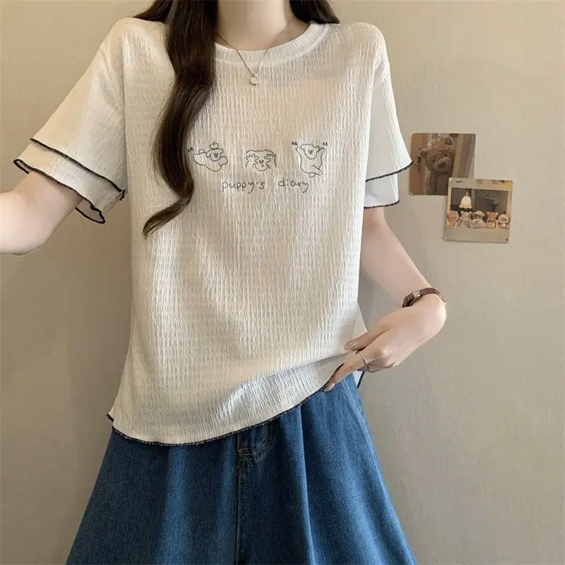 

Japan Sweet Fungus Dog Embroidered Short-Sleeved Women'S T-Shirt Summer Design Half-Sleeved Unique And Beautiful Top