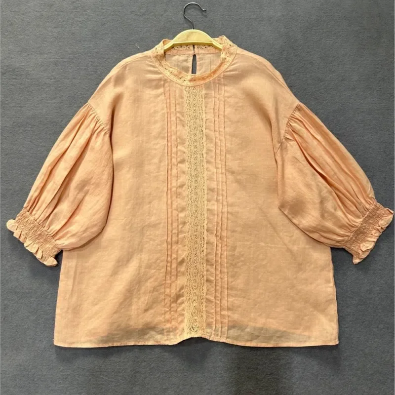 Summer New Vintage Linen Lace Tops Blouses 2024 Casual Simple Solid Color Loose Ruffles Collse Women Shirts