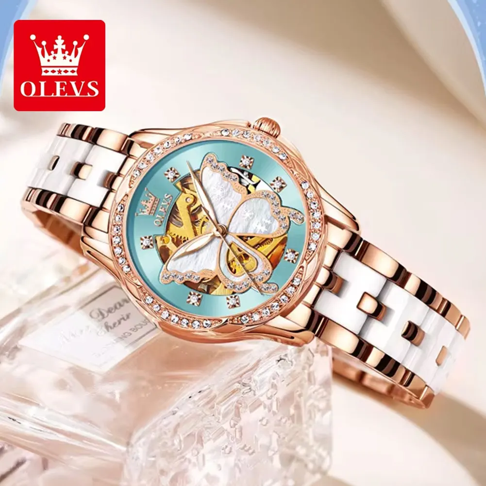 OLEVS Women's Mechanical Watch Elegant  Luxury Ceramics Strap Hollow Butterfly Dial Diamond Bezel Original Automatic Woman Watch