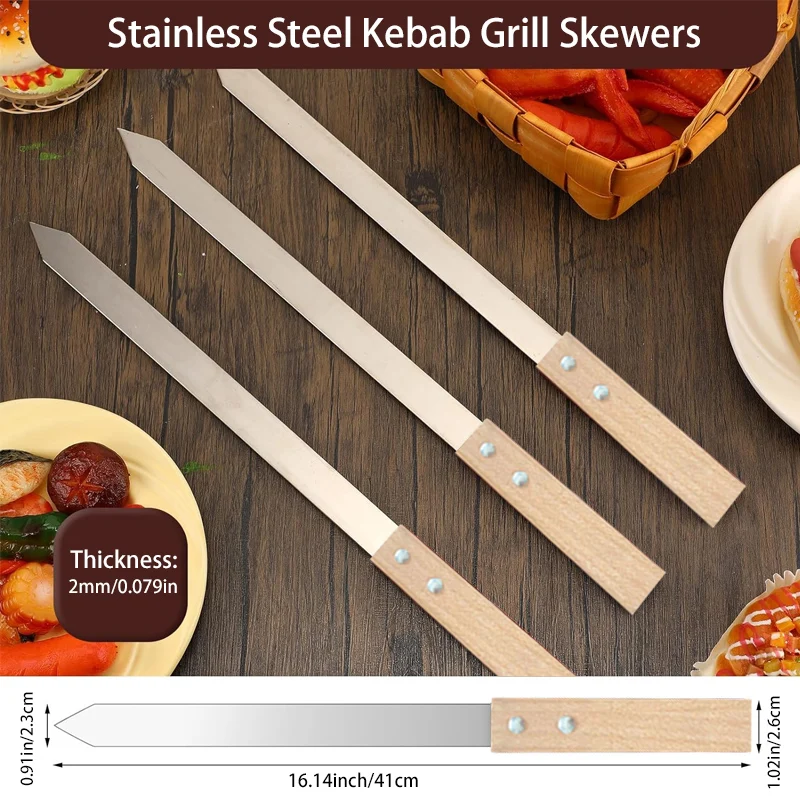 23MM Wide Flat Kabab Koobideh Skewers Stainless Steel Grilling BBQ Skewers Reusable Barbecue Skewers Flat Stick with Wood Handle