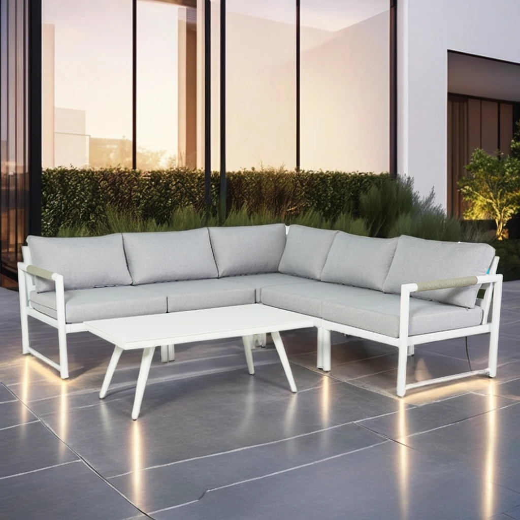 Modern High Quality Villa Courtyard Outdoor Mesh Fabric Aluminum Waterproof Farmhouse Park Garden Sectional L-shape Set Hotel