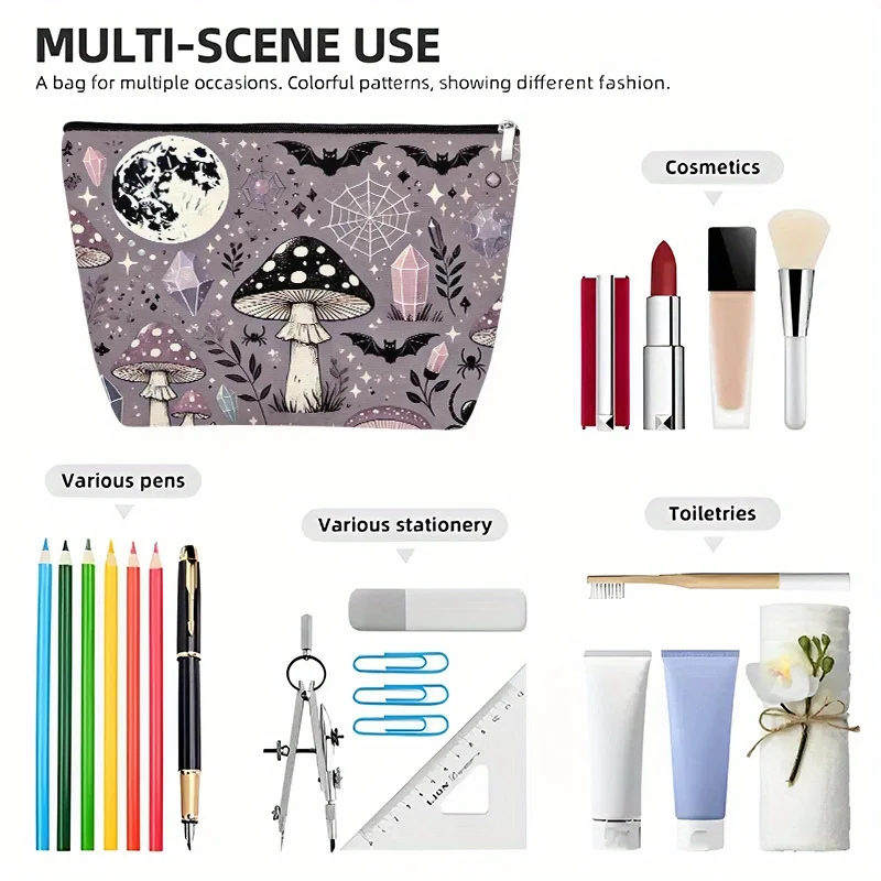 A Mystery mushroom and bat patterned makeup bag - cute multifunctional zipper pouch for women, jewelry storage bag view 6