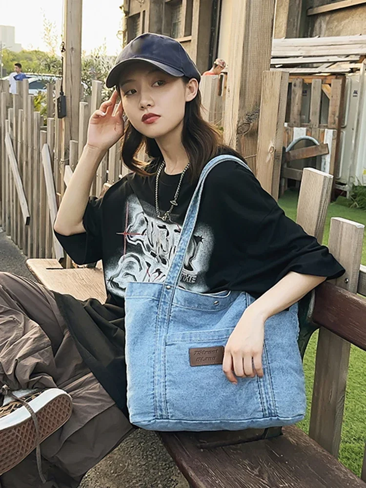 

Women Vintage Tote Handbag Lightweight Denim Shoulder Bag Large Capacity Versatile Casual Foldable Shopping Bag
