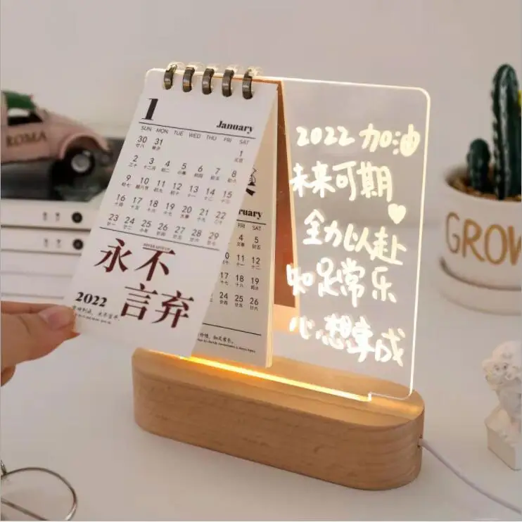 USB Calendar Table Lamp with Drawing Pen Wood Acrylic Table Lamp Led Night Light Holder Bedside Decorative Light Message Board