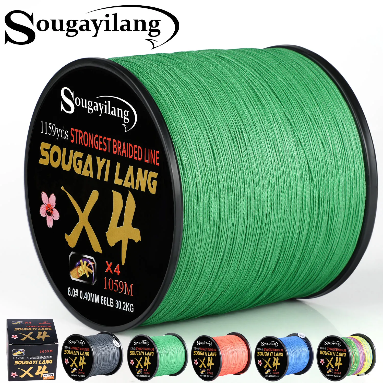 Sougayilang-línea trenzada de 5 colores para pesca en agua salada, multifilamento de PE, MaxDrag 66LB, 4x100/300m