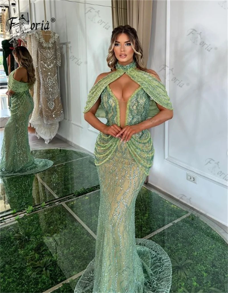 Luxury Beadings Tassel Evening Dress with Removable Cape Green Dubai Memaid Celebrity Event Dresses Robe De Soiree Elegant Party