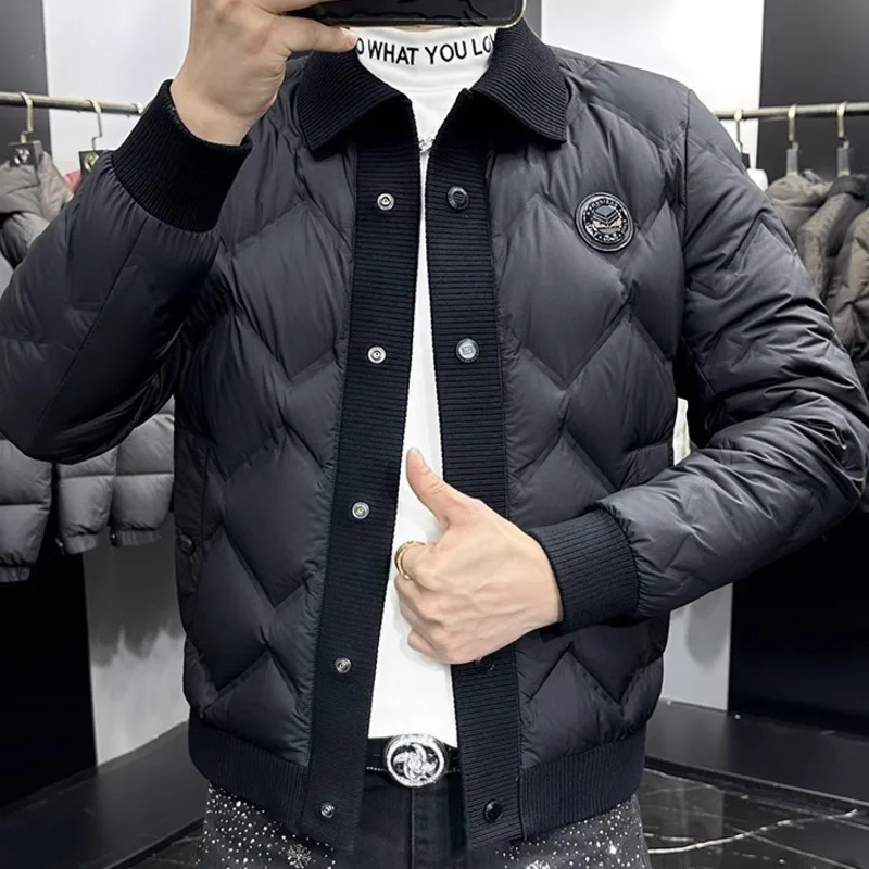 Chaqueta de plumón para hombre, abrigo de Color liso, chaqueta de invierno de manga larga, chaqueta de punto de retales, chaqueta de plumón brillante para hombre, color negro 2024