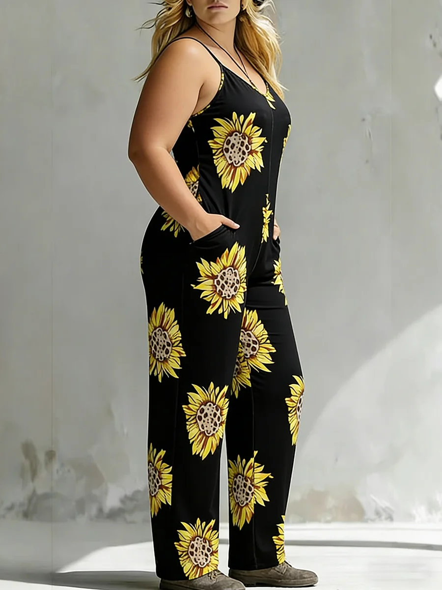 Plus Size Women's Overalls Spaghetti Strap Sunflower Print Wide Leg Boho Trousers Spring Summer Casual Beach Lightweight Outfit image 3