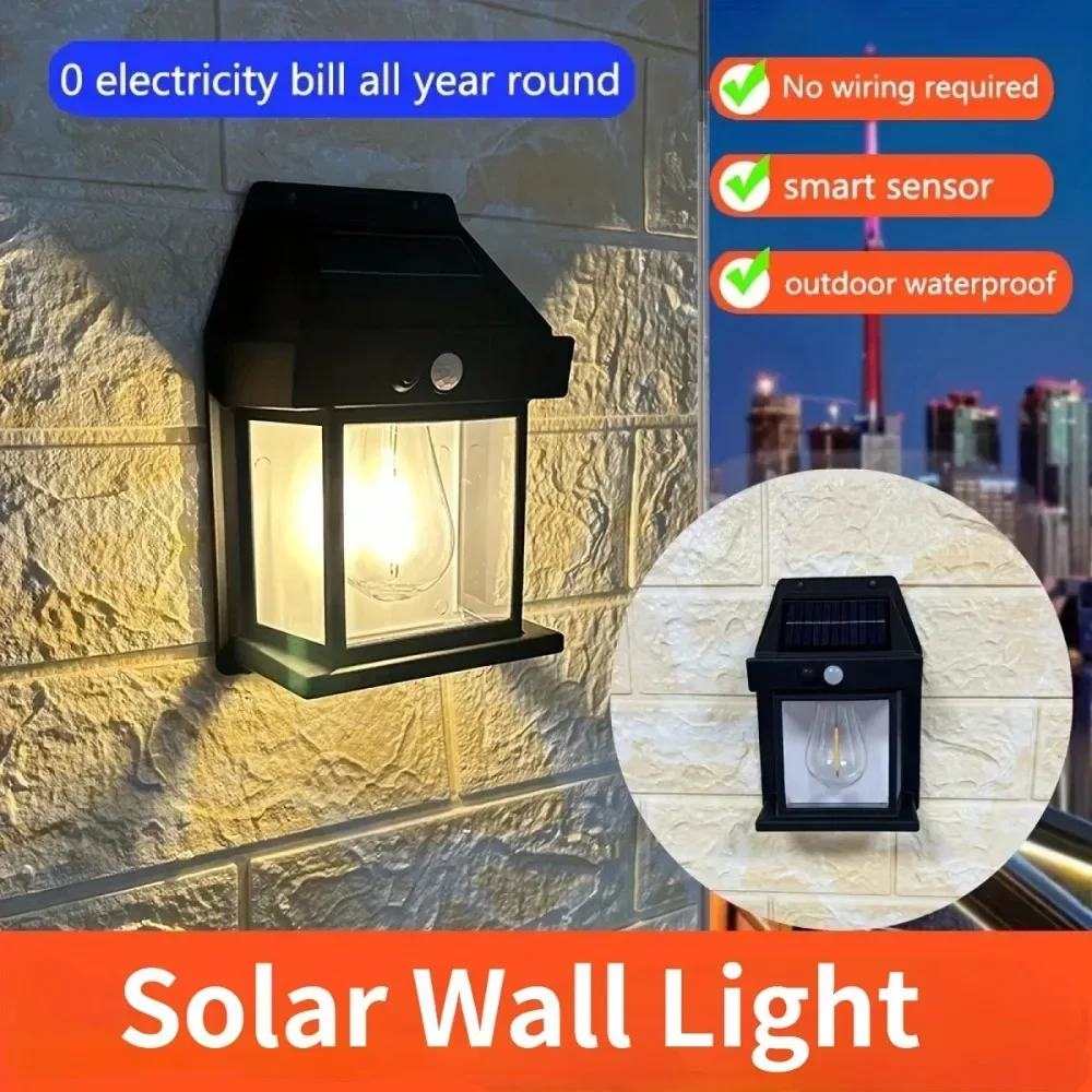 Solar Wall Light LED Motion Sensor Outdoor Wall Lamp Waterproof Lights Patio Garden 3 Mode Tungsten Filament Solar Charging Lamp