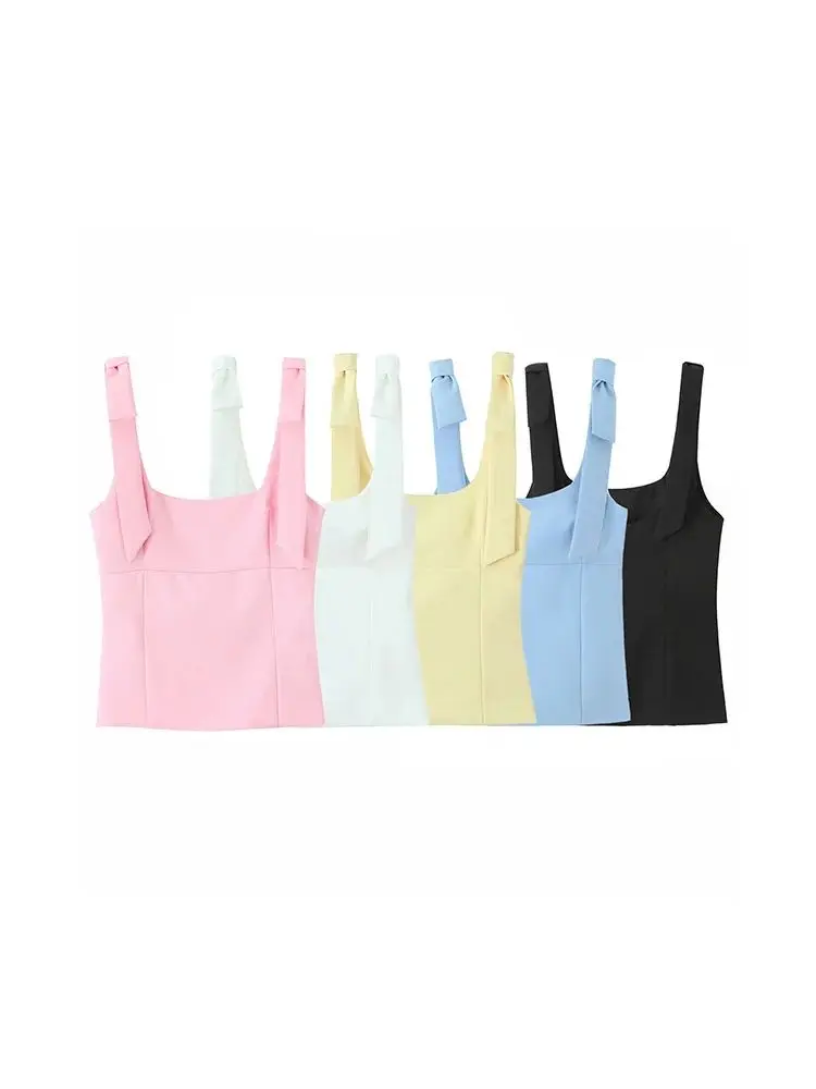 Women Fashion Straps With Bow Fitted Tank Top Square Collar Side Zipper Female Camis Mujer