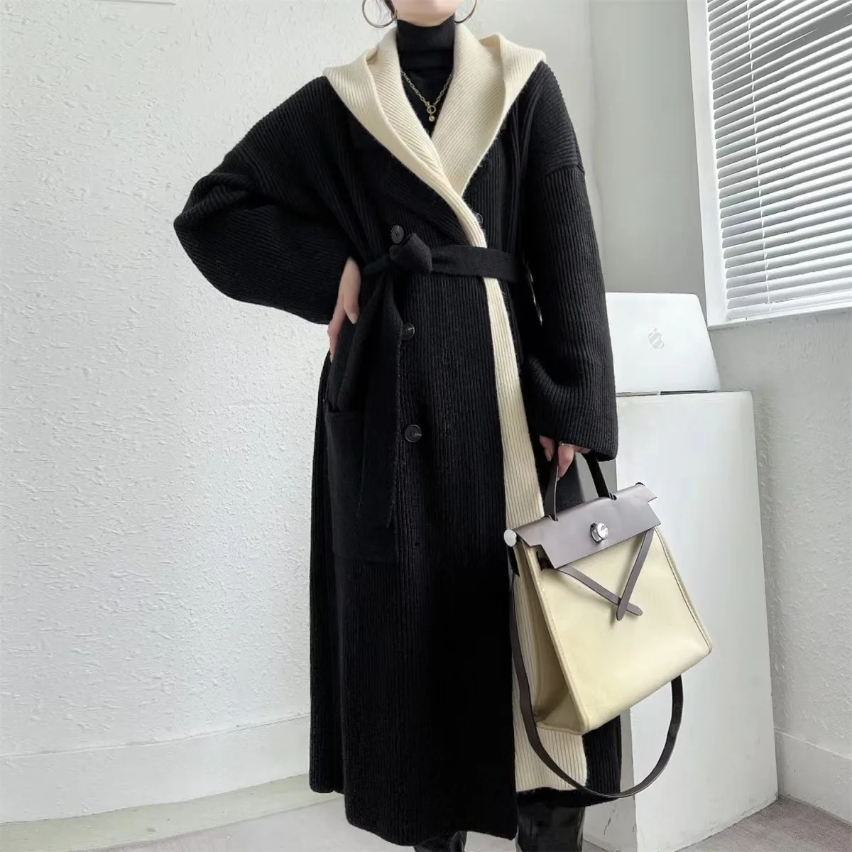 KWTX 여성용 2025 신상 컬러 블록 후드 롱라인 가디건 코트 더블 브레스티드 두꺼운 따뜻한 페이크 투피스 패치워크 포켓