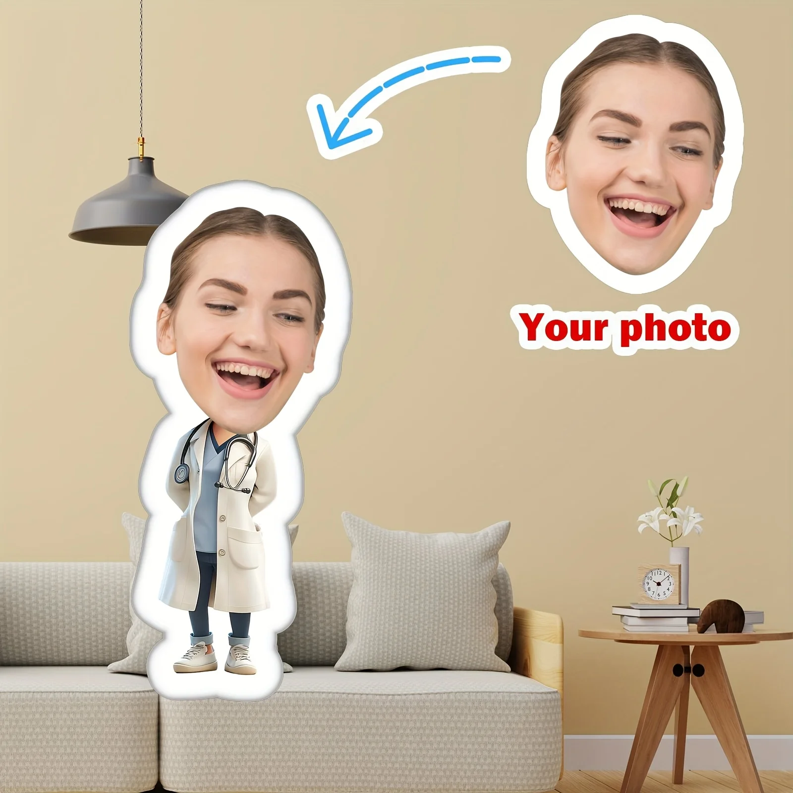 New Big Head Doctor Styling 1 Customized 3D Facial Pillow Personalized Photo Cushion, Bright Colors, Velvet Fabric, Unique Gift