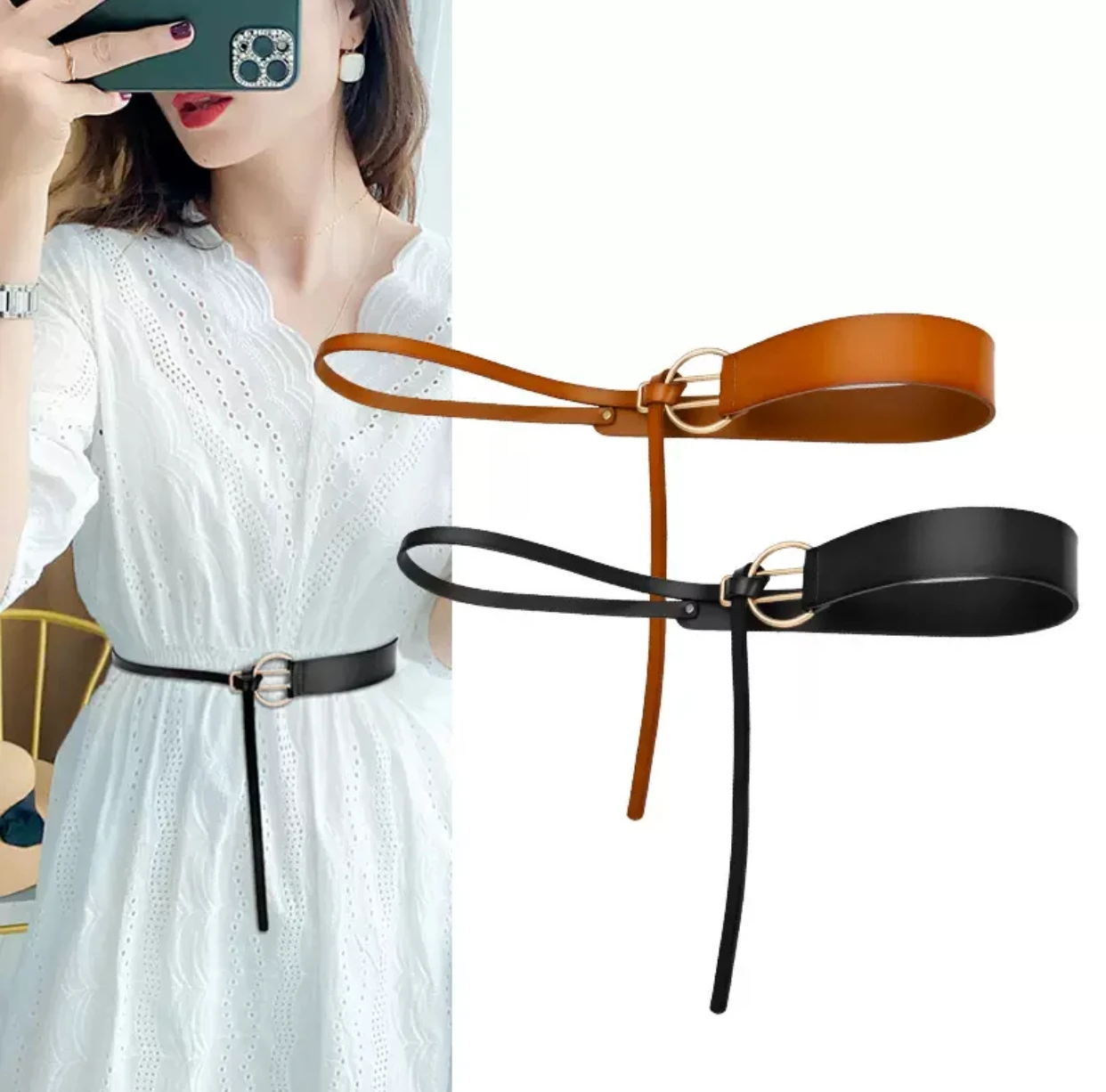 

Luxury design sense knot genuine leather belt women's fashion decoration dress coat leather belt versatile women's waist belt