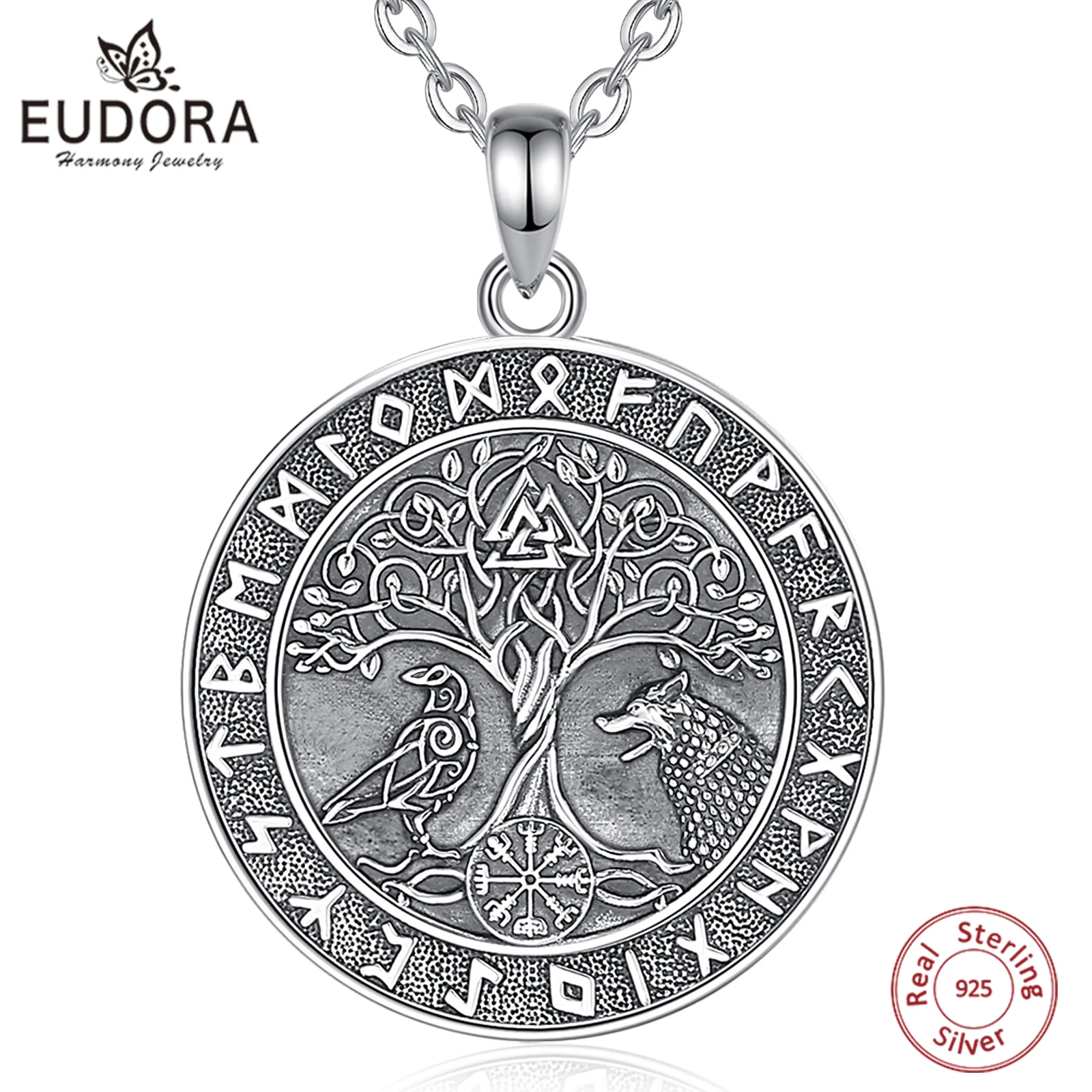 Eudora 925 Sterling Silver Viking Wolf Crow Necklace for Women Man Compass Tree of Life Runes Amulet Pendant Personality Jewelry