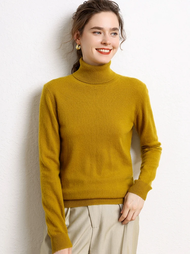 Nouveau femmes 100% pull en cachemire à manches longues col roulé pulls automne hiver chaud décontracté cachemire tricots solide bas hauts