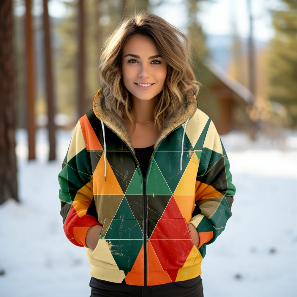 Retro Brown & Cream Checkered Winter Jacket Women’s Fleece-Lined Coat with Soft Hood Vintage Zip-Up Coat for Cold Weather