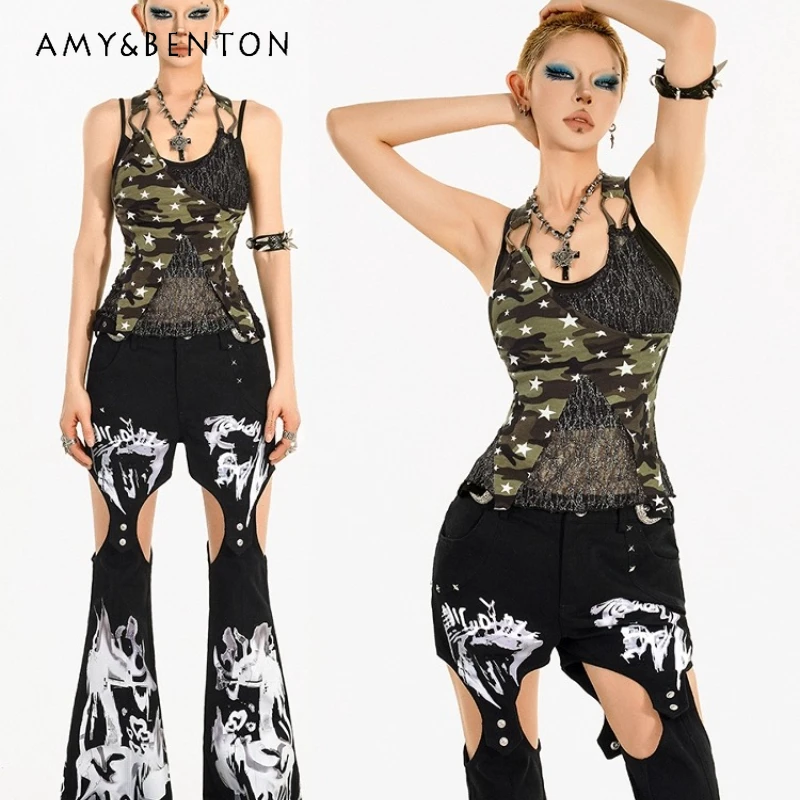 

Original Retro Hot Girl Hollow Out Design Fake Two-Piece Women's Vest 2025 Summer New Splicing Heavy Camouflage Sling Top Ladies