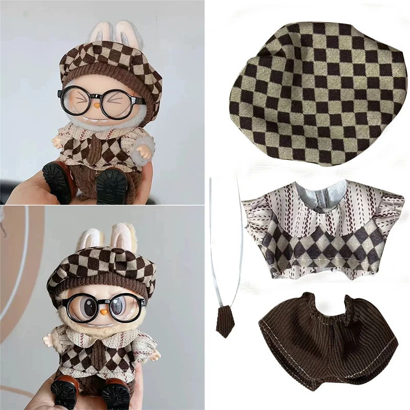 

For 15 17cm Labubu Doll Maillard Color Brown College Style Shirt Vest Clothes Autumn Outfit Clothing Shoes Hat Set Accessories