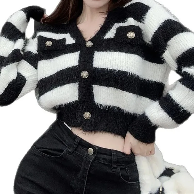 

Женский свитер ITOOLIN с V-образным вырезом, черно-белыми полосками, длинными рукавами и перьями, универсальный офисный трикотаж