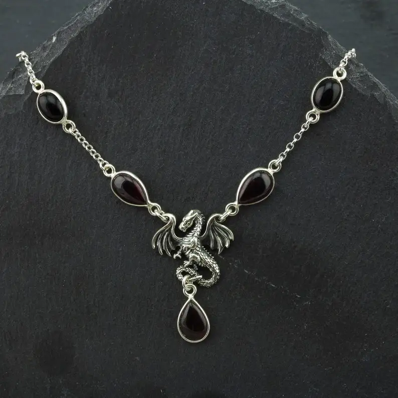 Dracarys Dragon Necklace Sterling Silver Garnet Necklace Black Onyx Jewelry. Daenerys Necklace Game of Thrones Jewelry. Gothic