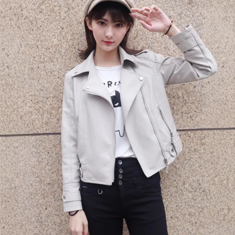 新しいピンク/ベージュ/黒の女性の服ショートオートバイ PU レザージャケット秋 JAdd 綿コートラペルジップショート女性ジャケット