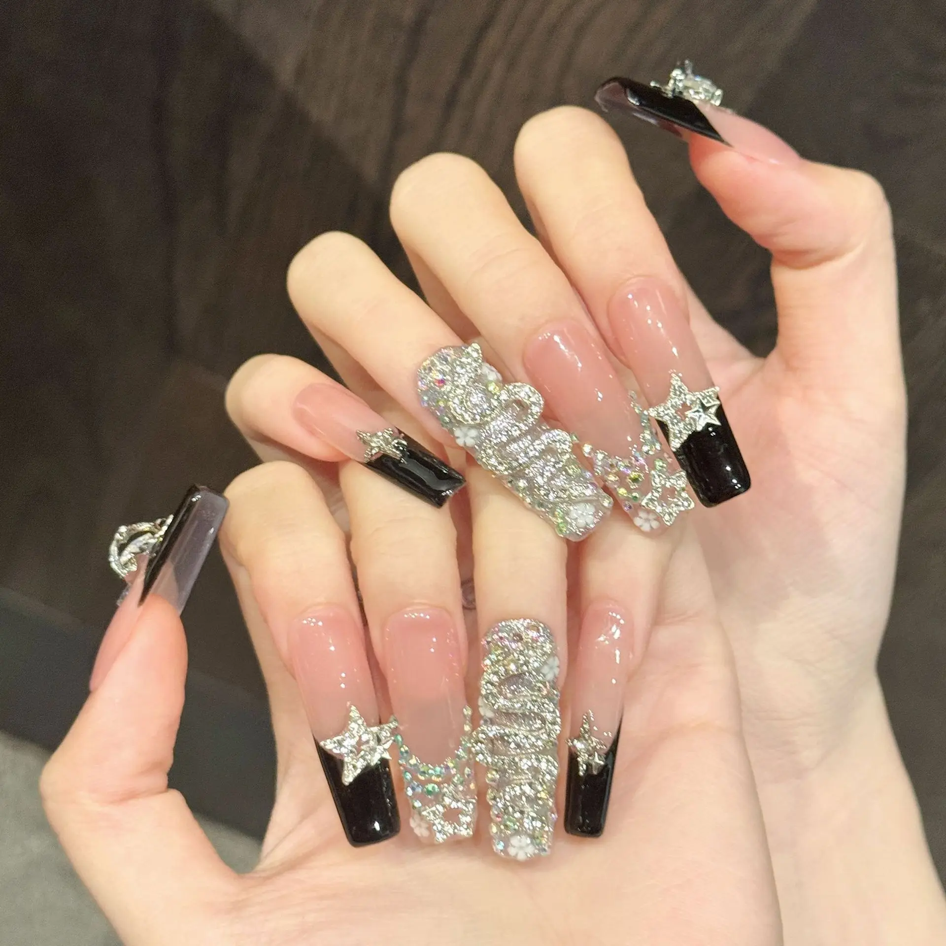 10 Pcs Handmade Press On Nails Black Pink Snake Pattern Sweet Cool French Style Full Rhinestones European American Fake Nails