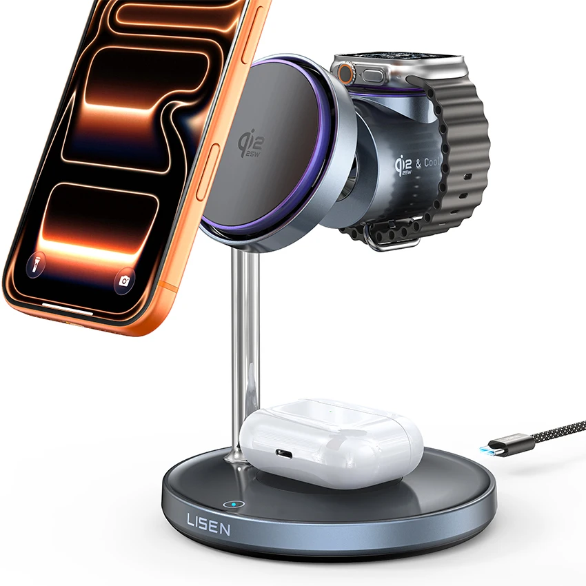 

LISEN Upgraded Active Cooling Fan Wireless Charger Stand Qi2.2 Magnetic Phone Charging Station for iPhone 17 Pro Max Office Desk