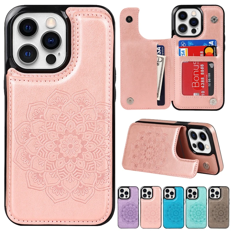 Wallet Double Button Mandala Embossed Flip Leather For iPhone 15 Pro Max 14 13 12 Mini 11 SE 2020 2022 X XS XR 8 7 6 6s Plus