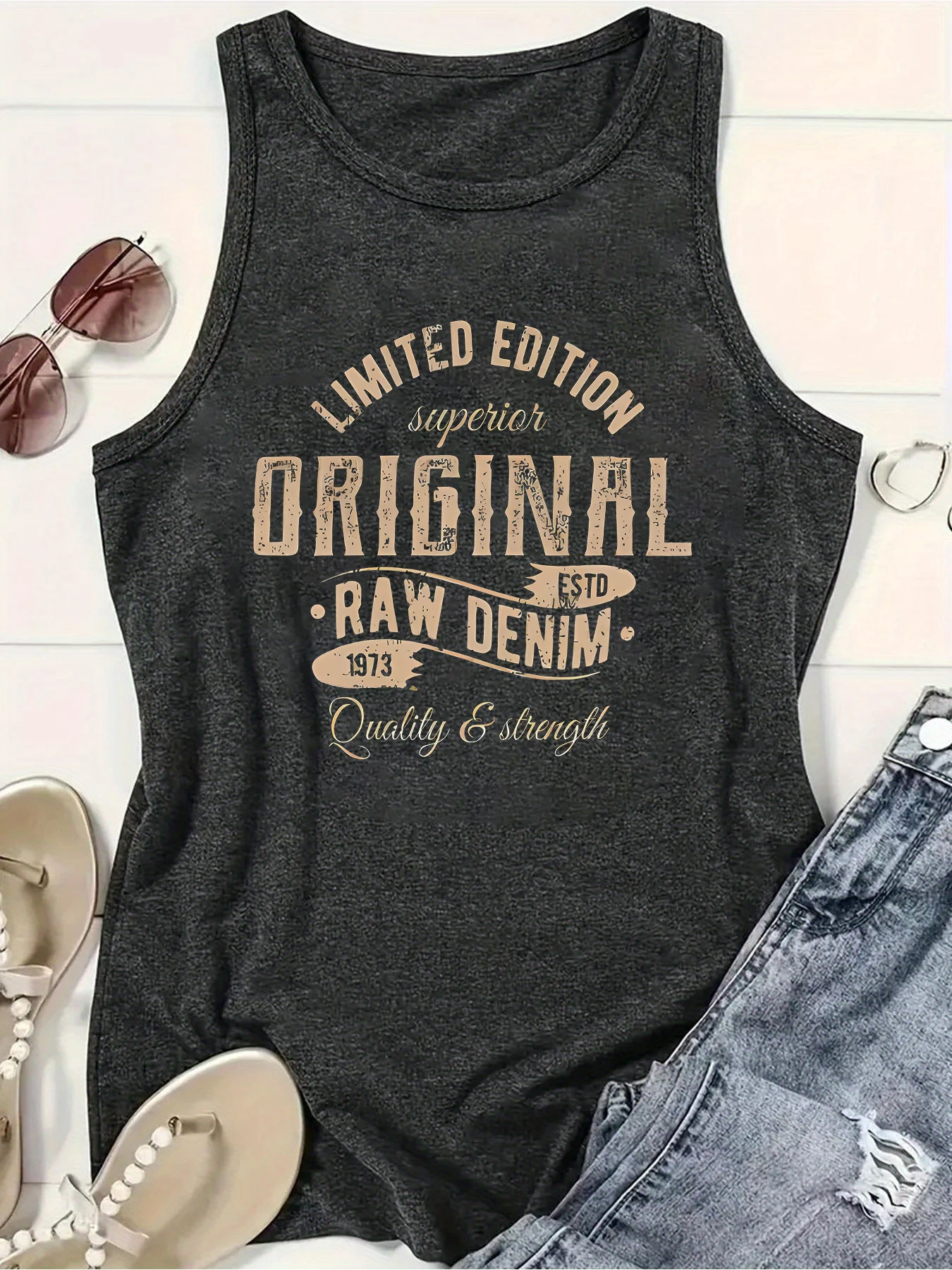 Ärmelloses Sommer-Tanktop für Damen, Vintage Limited Edition 1973 Retro-Buchstabendruck, Distressed-Text, lässige Alltags-Workout-Weste – Detail 4