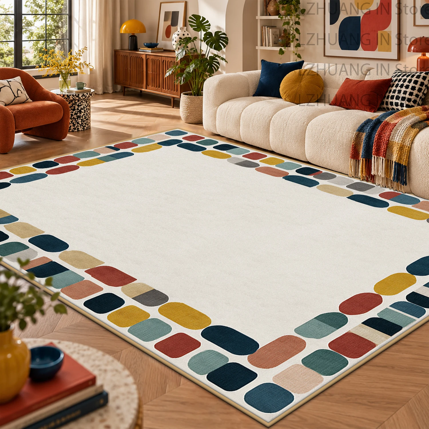 Mid Century Modern Colorful Border Soft Plush Bedroom Carpet Pop Art Floor Mat for Home Decor Non-slip Washable Living Room Rug