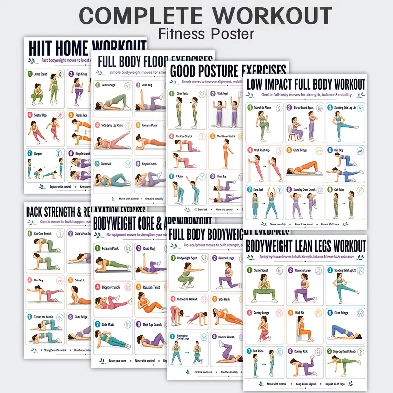 A4 Size 8 PCS Workout Sheets Guide,No-Equipment Home Gym Exercise Chart Set, Posture Fitness Guide Art Prints