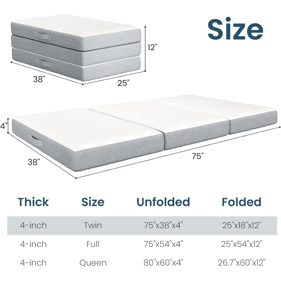 Trifold Mattress for guest rooms, memory foam, white, 4-inch foldable with pressure relief and compact storage