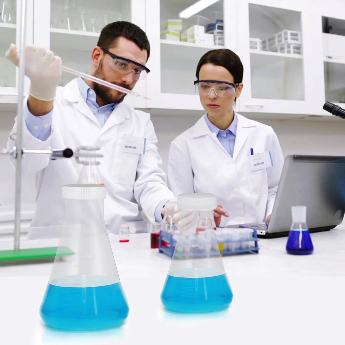 3 個のビーカー プラスチック三角フラスコ ストッパー付き 円錐形 化学科学用