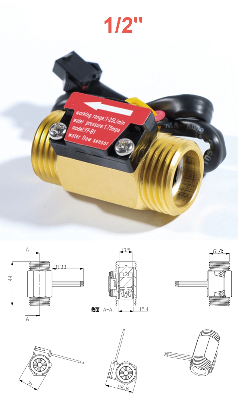 1/2" 3/4" 1 Zoll Messing Hall Flow Sensor Wasserdurchflusssensor Durchflussmesser Steuerung Flüssigkeitssensorschalter – Detail 4