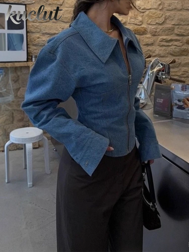 2026 Newest Retro-style Zipper Cardigan with A Turned-up Collar and Denim Waist-hugging Top Tight-fitting Jeans Jackets