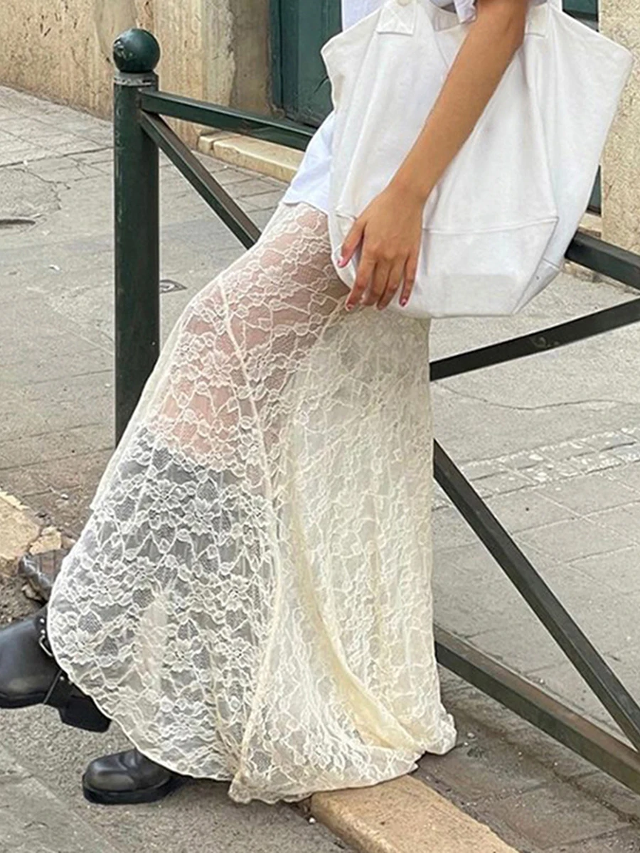 Women Lace Fishtail Skirt Casual for Beach Vacation See Through Mid-Waisted Maxi Skirts Women 2024 Autumn Spring