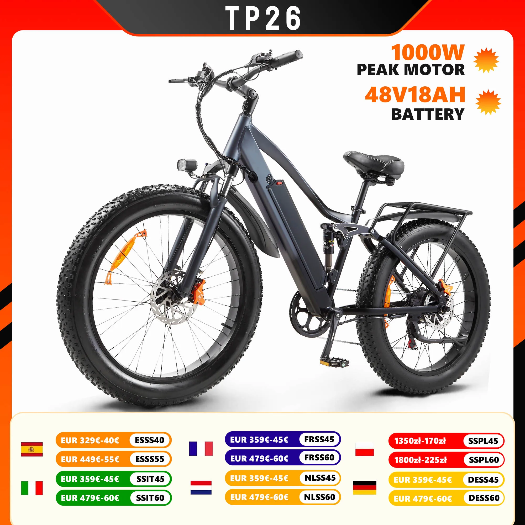 Vélo électrique CMACEWHEEL TP26, batterie 48V17AH, vélo de montagne électrique, pneus larges, freins hydrauliques, amortisseurs complets, vélo de ville électrique