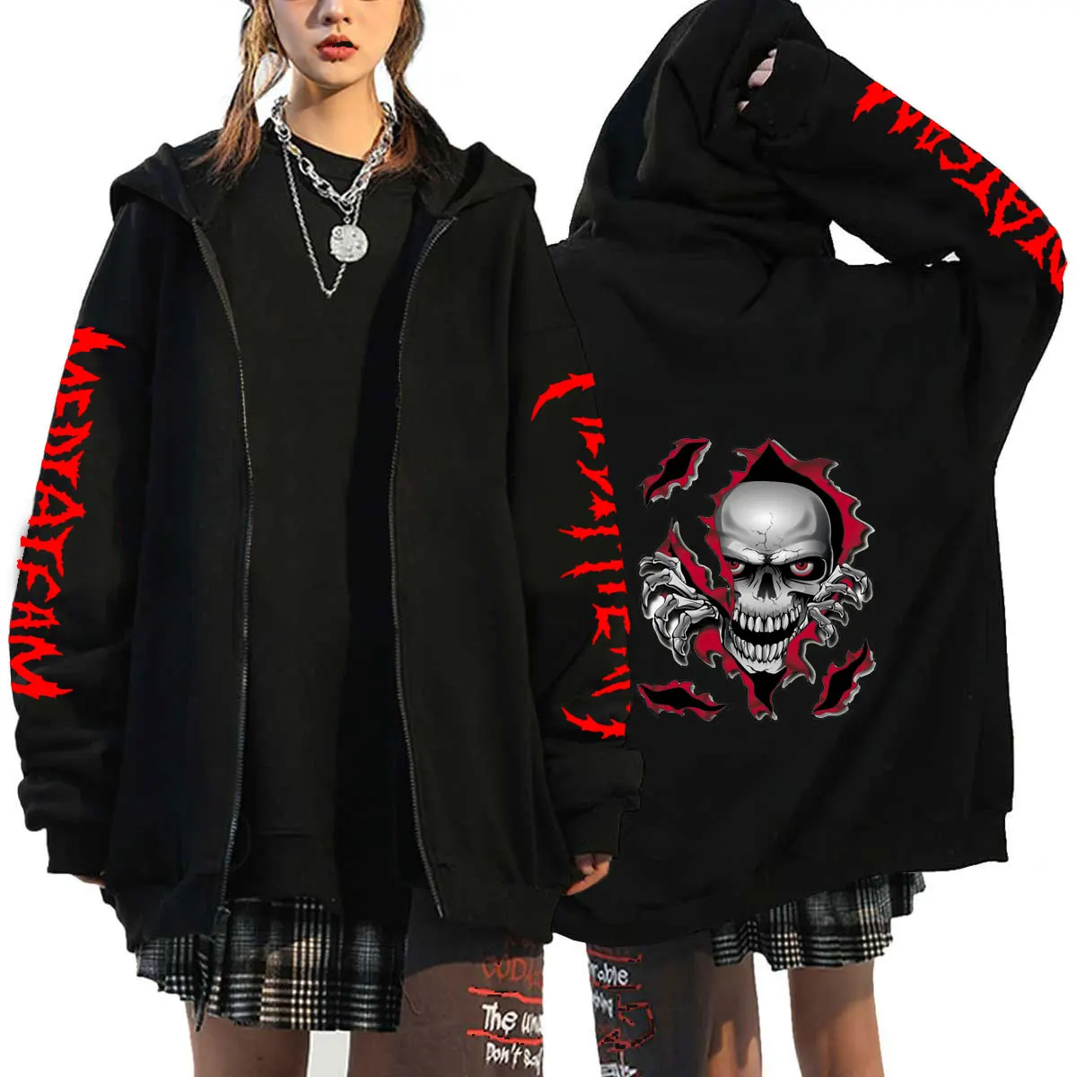 Y2K Gothic Zipper Oversized Hoodies Retro Skull Print Streetwear Sweatshirt Women Winter Hip Hop Graffiti Unisex Zip Jacket Coat